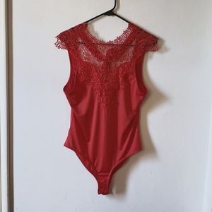 Chic Red Vintage-Inspired Cleo Apparel Lace-cut Bodysuit NWOT